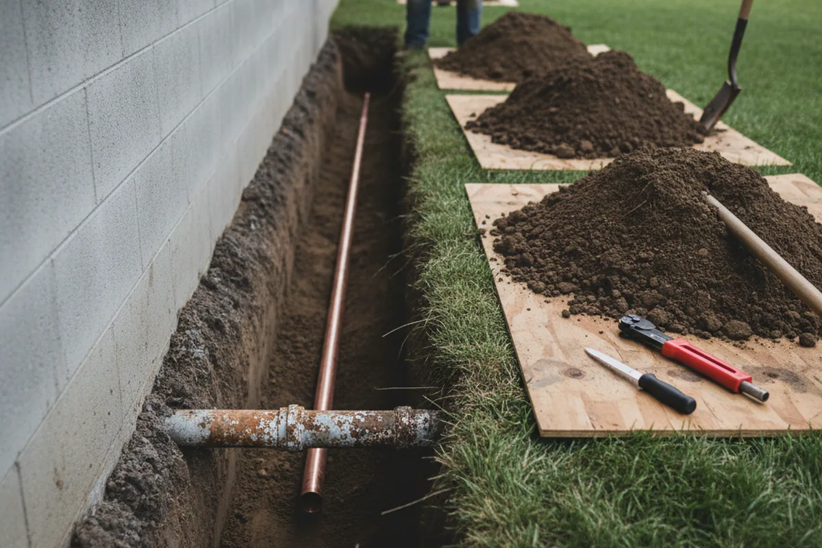 Excavated water line trench during Water Heater Repair in Hyde Park